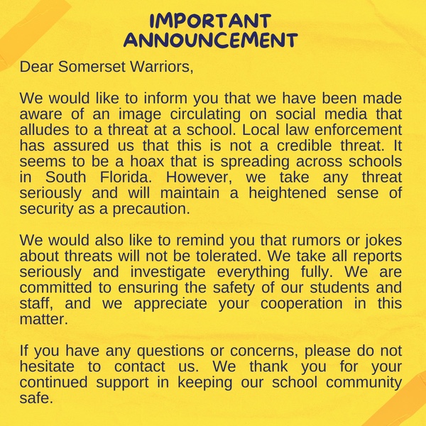 IMPORTANT ANNOUNCEMENT (SCHOOL WIDE)