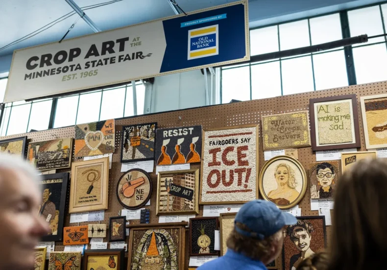 Colorful crop art pieces made from seeds and grains on display at the Minnesota State Fair