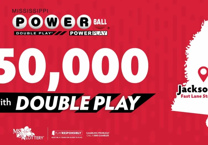 Powerball ticket and lottery playsheet representing a $50,000 Double Play win in Jackson